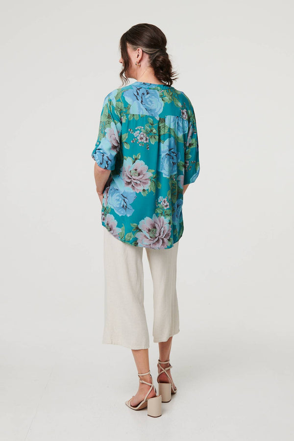 Teal | Floral Sequin Embellished Relaxed Blouse
