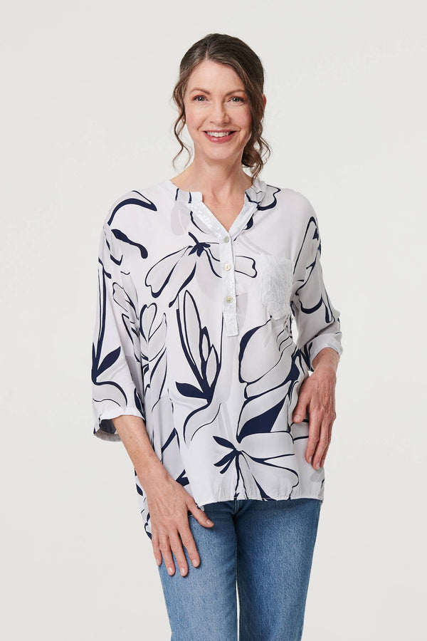 White | Floral Sequin Detail Relaxed Blouse
