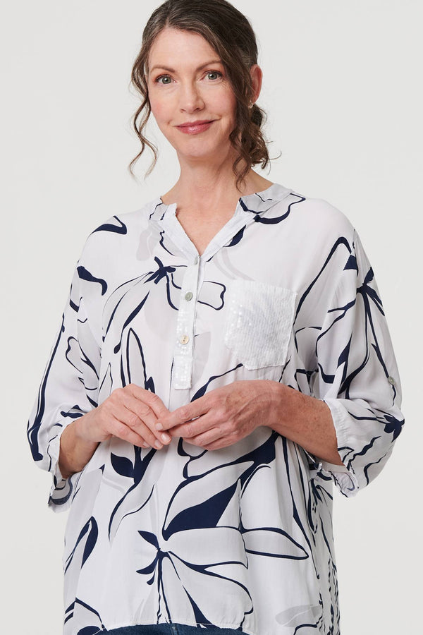 White | Floral Sequin Detail Relaxed Blouse
