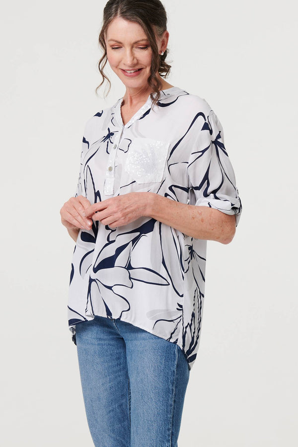 White | Floral Sequin Detail Relaxed Blouse
