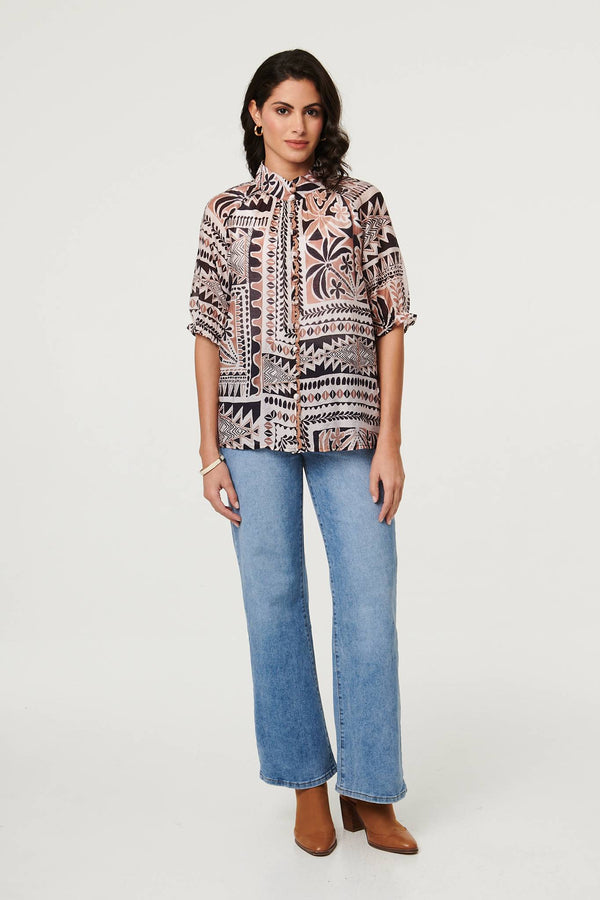 Brown | Abstract 3/4 Sleeve High Neck Shirt