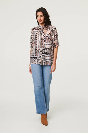 Brown | Abstract 3/4 Sleeve High Neck Shirt