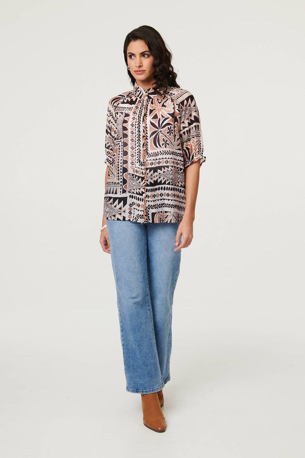 Brown | Abstract 3/4 Sleeve High Neck Shirt