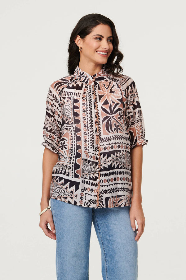 Brown | Abstract 3/4 Sleeve High Neck Shirt