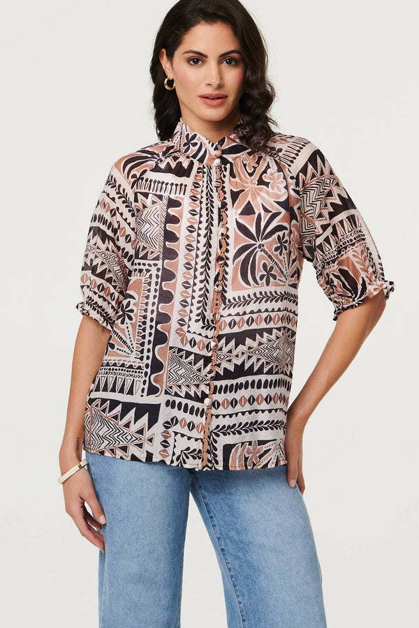 Brown | Abstract 3/4 Sleeve High Neck Shirt