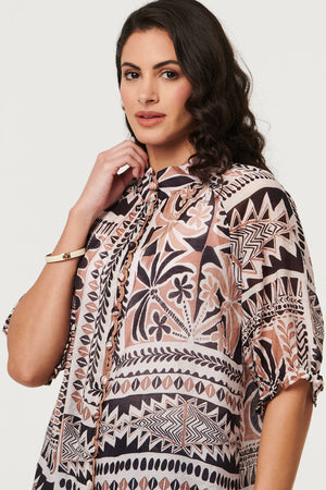 Brown | Abstract 3/4 Sleeve High Neck Shirt