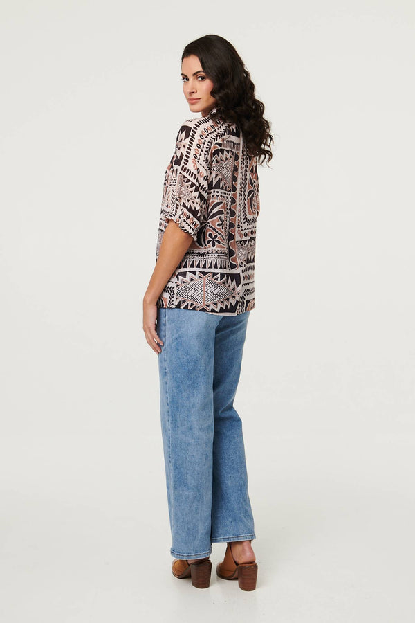 Brown | Abstract 3/4 Sleeve High Neck Shirt