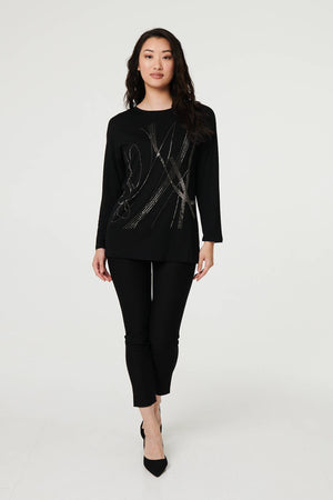 Black | Abstract Sparkly Long Sleeve Top
