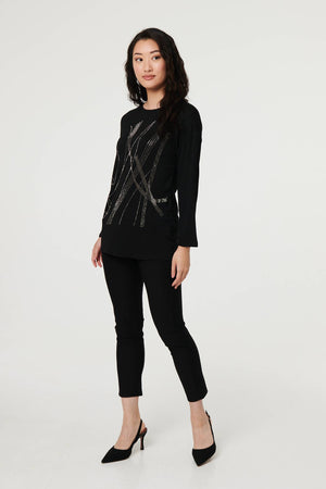 Black | Abstract Sparkly Long Sleeve Top
