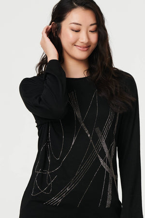Black | Abstract Sparkly Long Sleeve Top

