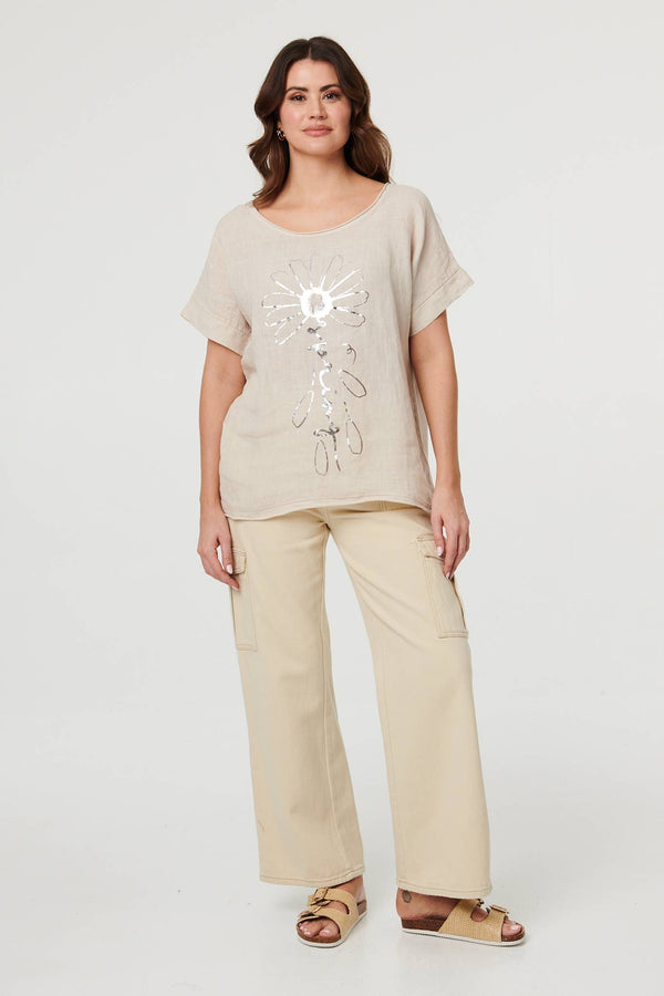 Linen | Floral Metallic Detail Short Sleeve Top