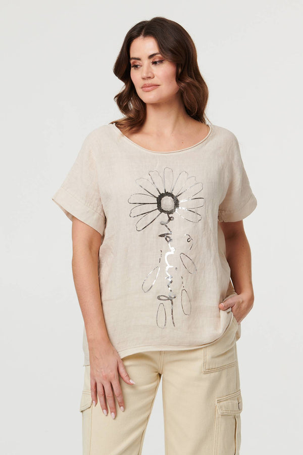 Linen | Floral Metallic Detail Short Sleeve Top