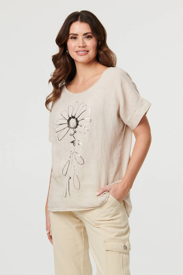 Linen | Floral Metallic Detail Short Sleeve Top