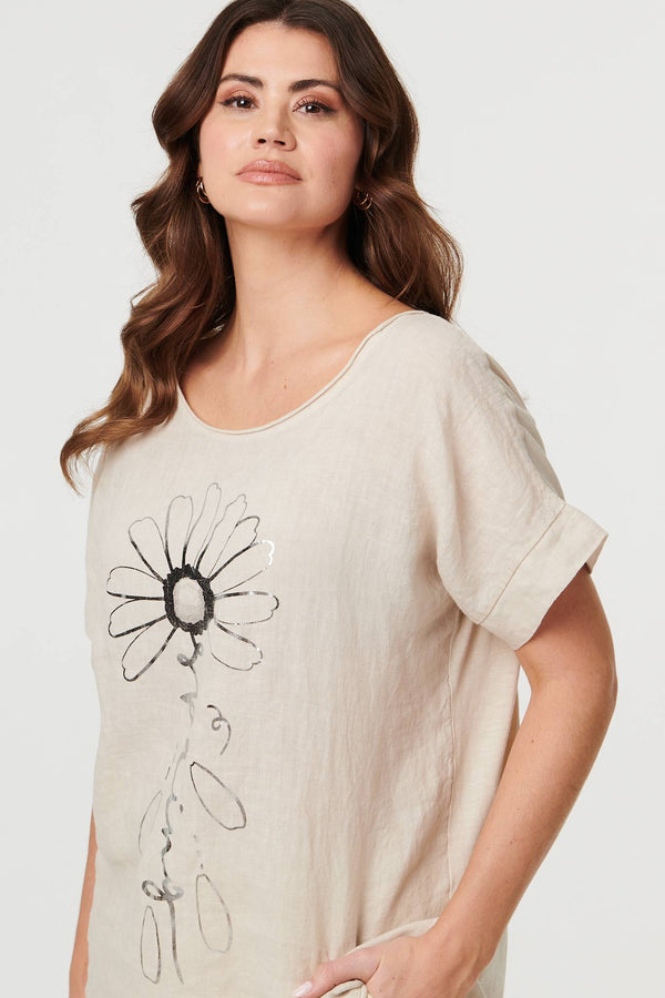 Linen | Floral Metallic Detail Short Sleeve Top