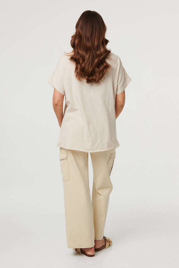 Linen | Floral Metallic Detail Short Sleeve Top
