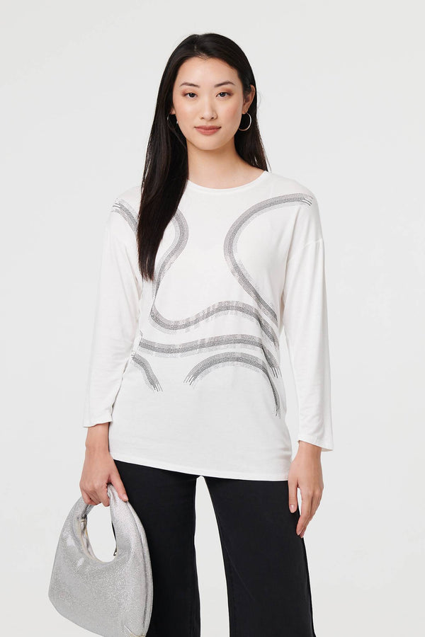 White | Sparkly Embellished Long Sleeve Top
