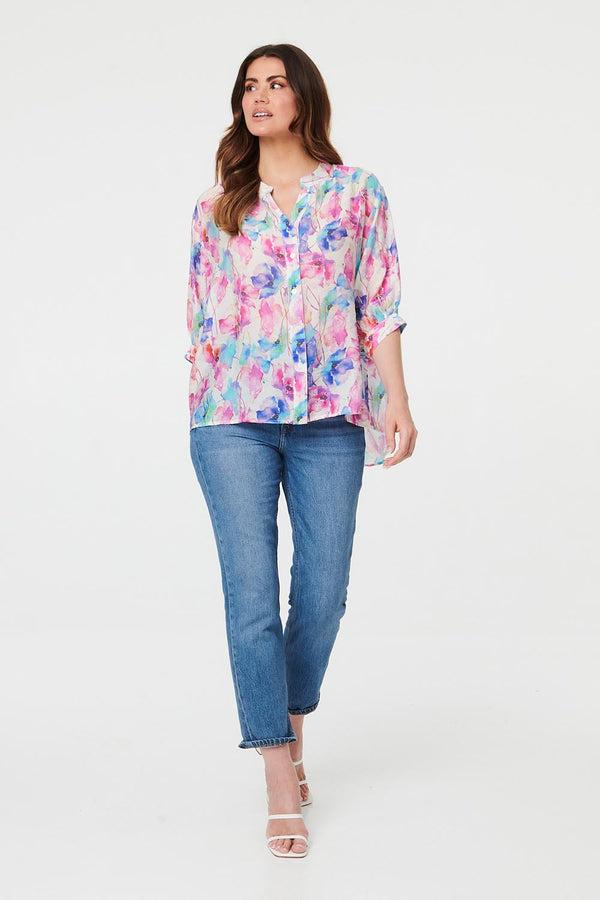 Pink | Floral 1/2 Sleeve Curve Hem Blouse