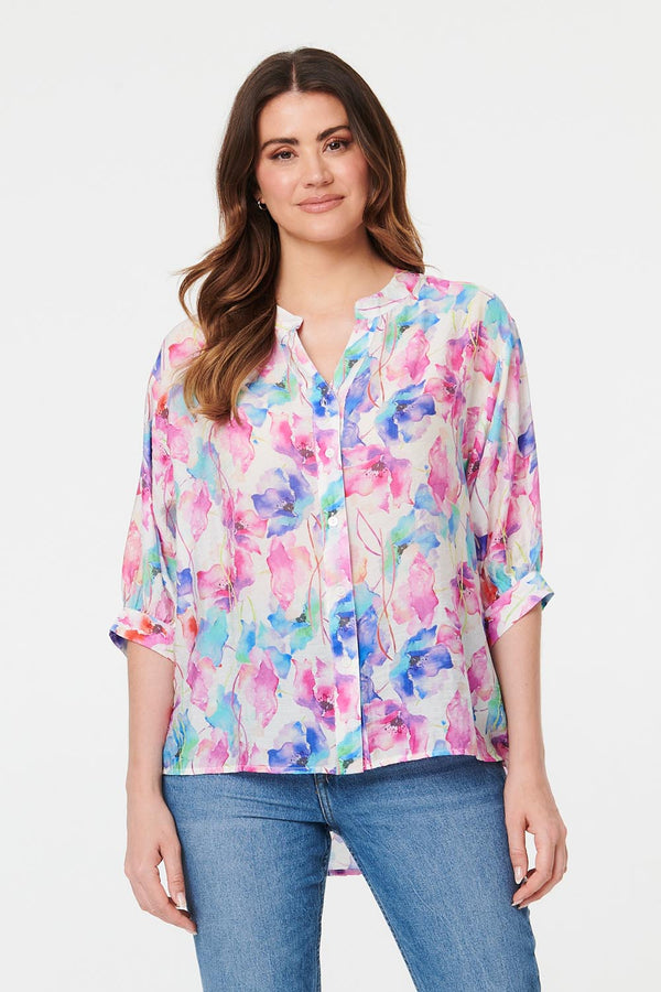 Pink | Floral 1/2 Sleeve Curve Hem Blouse