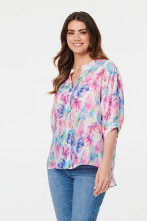 Pink | Floral 1/2 Sleeve Curve Hem Blouse