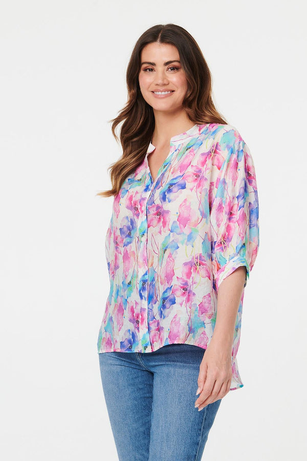 Pink | Floral 1/2 Sleeve Curve Hem Blouse