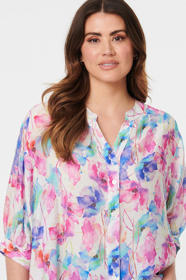 Pink | Floral 1/2 Sleeve Curve Hem Blouse