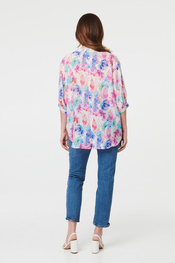 Pink | Floral 1/2 Sleeve Curve Hem Blouse