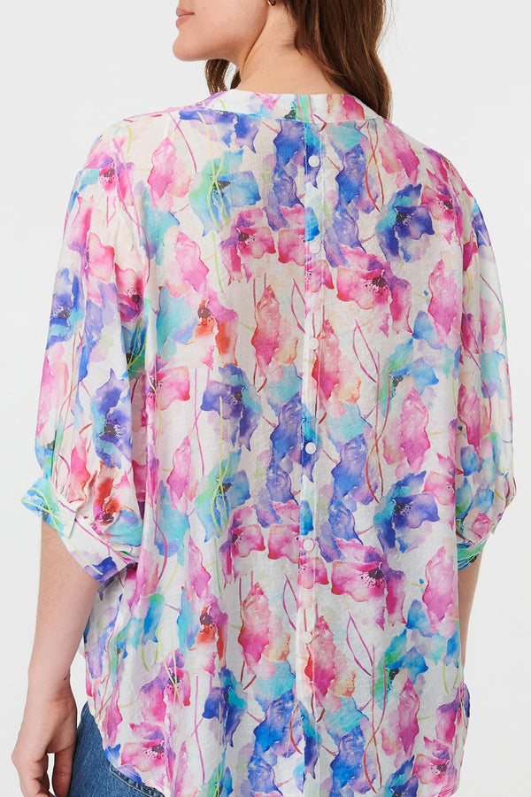 Pink | Floral 1/2 Sleeve Curve Hem Blouse