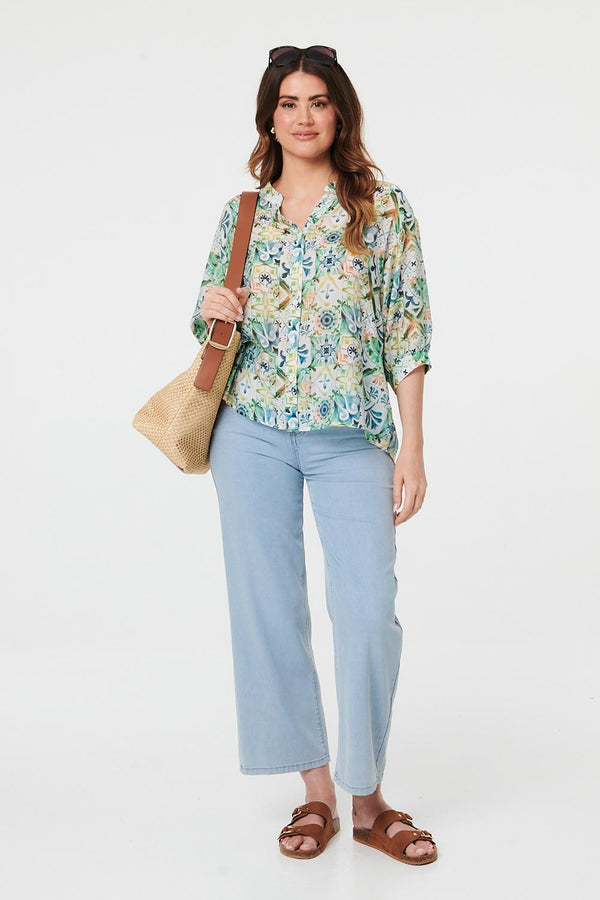 Green | Printed 3/4 Sleeve Curve Hem Shirt