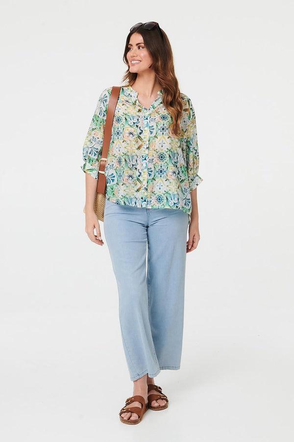 Green | Printed 3/4 Sleeve Curve Hem Shirt