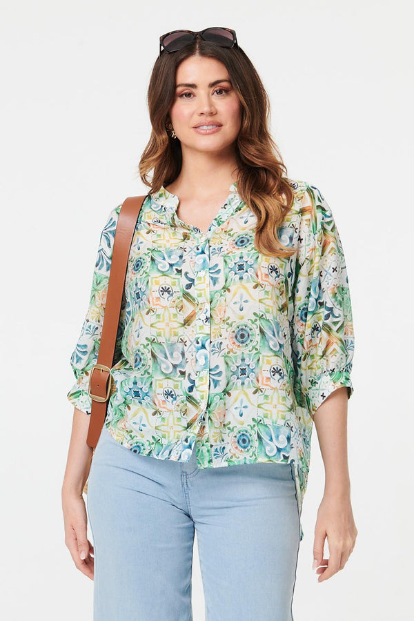 Green | Printed 3/4 Sleeve Curve Hem Shirt