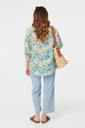 Green | Printed 3/4 Sleeve Curve Hem Shirt