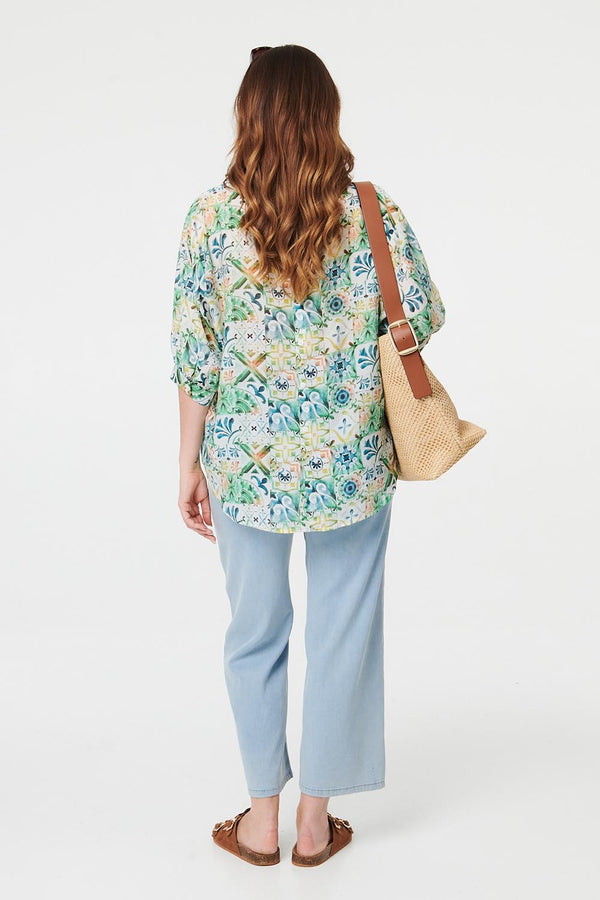 Green | Printed 3/4 Sleeve Curve Hem Shirt