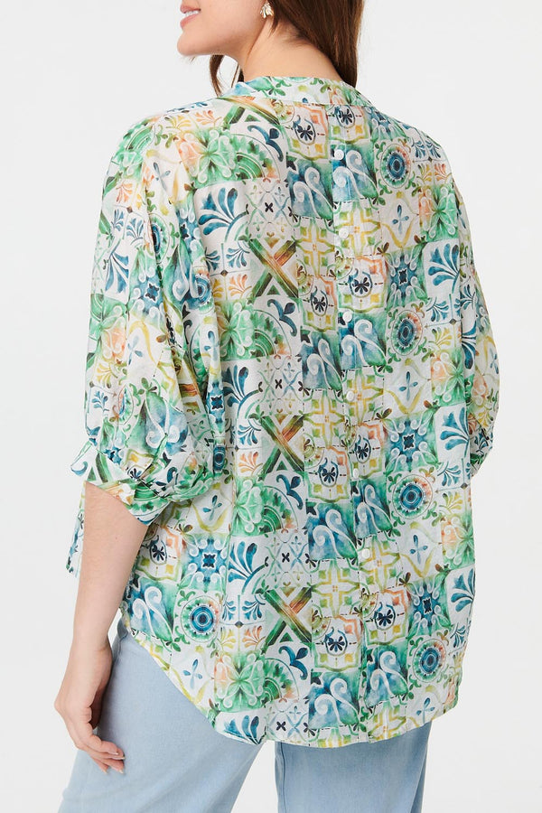 Green | Printed 3/4 Sleeve Curve Hem Shirt