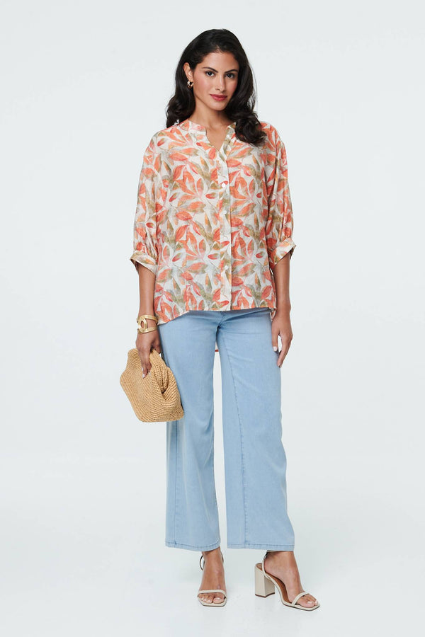Orange | Leaf Print 3/4 Sleeve Relaxed Blouse
