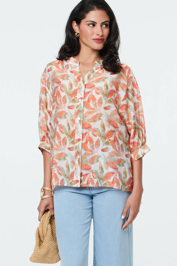 Orange | Leaf Print 3/4 Sleeve Relaxed Blouse
