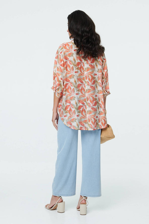 Orange | Leaf Print 3/4 Sleeve Relaxed Blouse