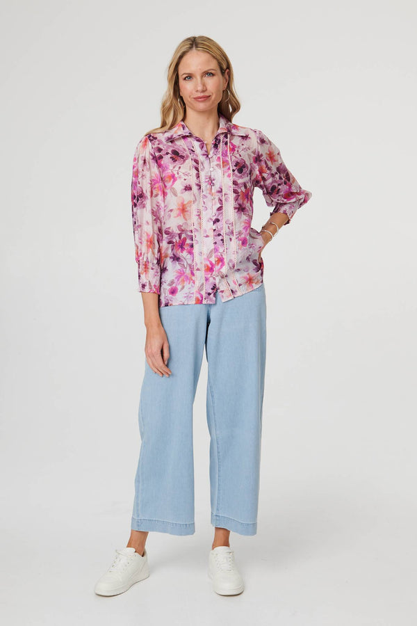 Purple | Floral 3/4 Puff Sleeve Relaxed Shirt