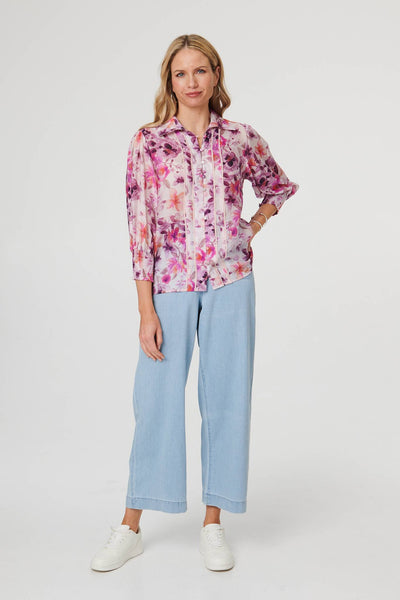 Purple | Floral 3/4 Puff Sleeve Relaxed Shirt