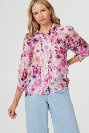 Purple | Floral 3/4 Puff Sleeve Relaxed Shirt