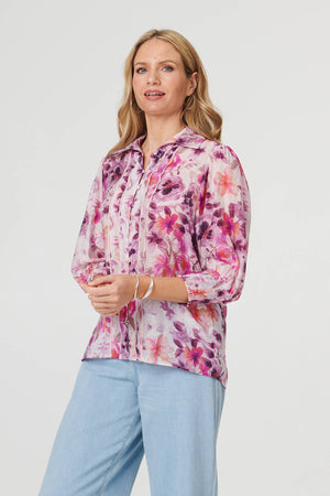Purple | Floral 3/4 Puff Sleeve Relaxed Shirt : Model is 5'10