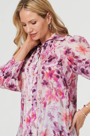 Purple | Floral 3/4 Puff Sleeve Relaxed Shirt