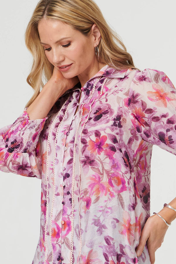Purple | Floral 3/4 Puff Sleeve Relaxed Shirt