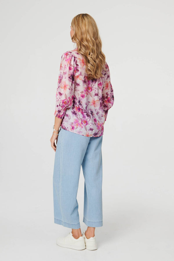 Purple | Floral 3/4 Puff Sleeve Relaxed Shirt