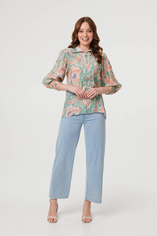 Green | Floral Lace Trim 3/4 Sleeve Shirt