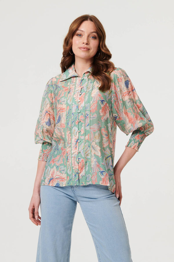 Green | Floral Lace Trim 3/4 Sleeve Shirt