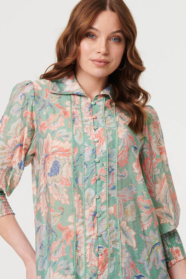Green | Floral Lace Trim 3/4 Sleeve Shirt
