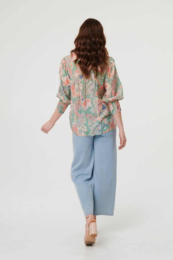 Green | Floral Lace Trim 3/4 Sleeve Shirt