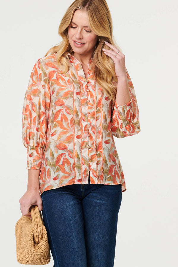 Orange | Lace Trim Long Balloon Sleeve Shirt