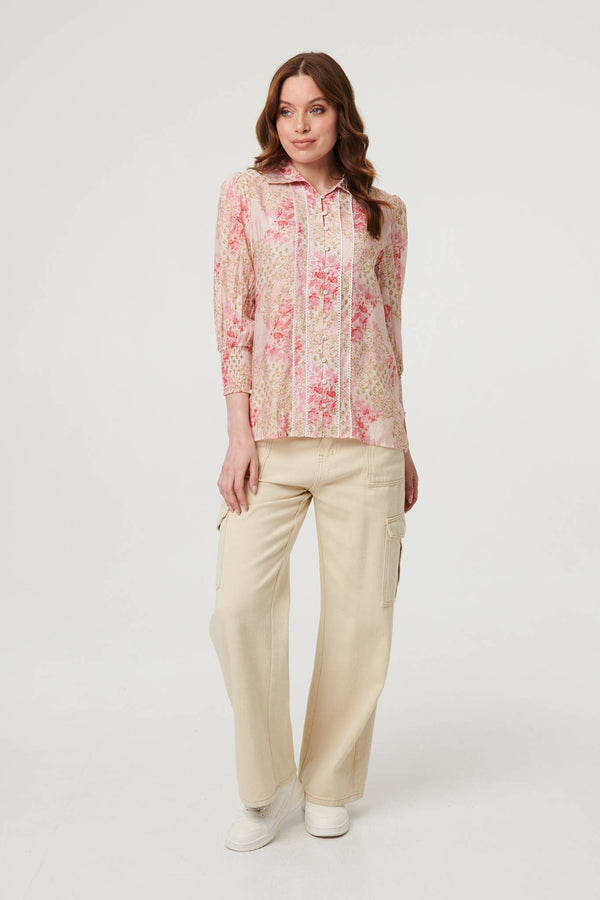 Pink | Floral Lace Trim 3/4 Puff Sleeve Shirt
