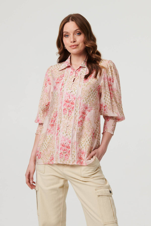 Pink | Floral Lace Trim 3/4 Puff Sleeve Shirt